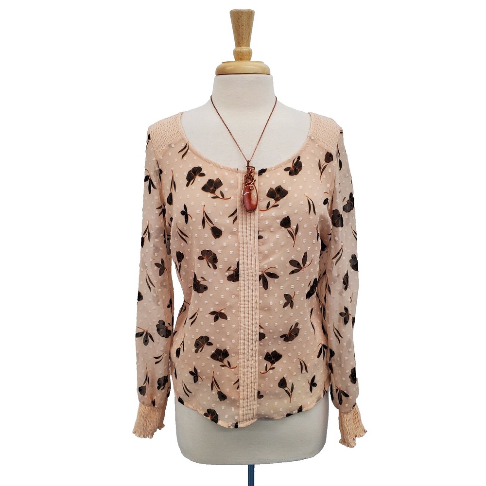 Lauren Conrad Womens M Pink Floral Sheer Blouse Romantic Lightweight Long Sleeve